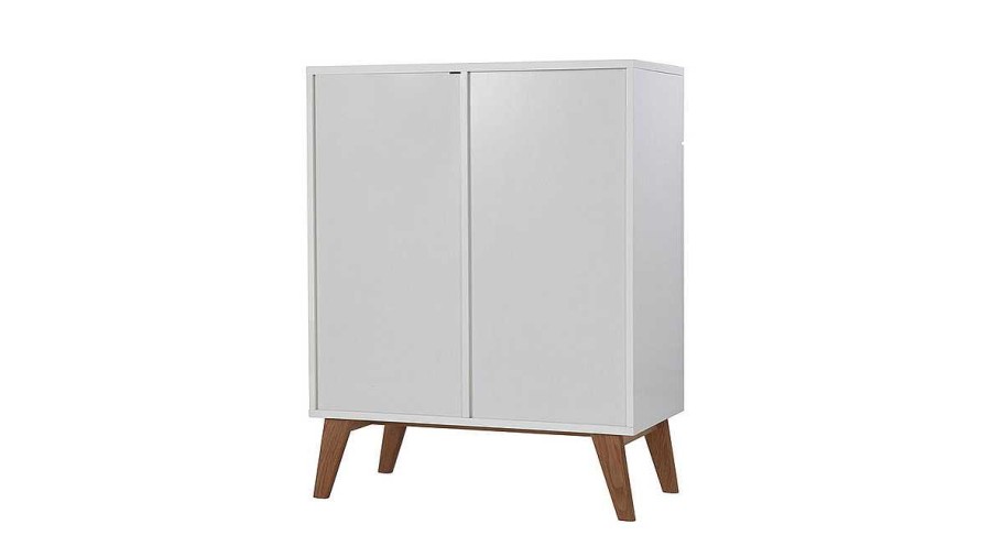 Rangement Miliboo | Buffet Scandinave Blanc Brillant Et Finition Bois Clair 2 Portes 2 Tiroirs L80Cm Melka