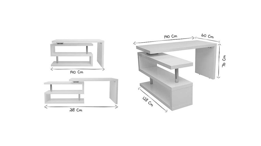 Bureau Miliboo Bureau Design | Bureau Modulable Design Blanc Laqu L140-218 Cm Max