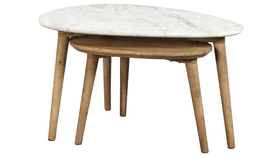 Table Miliboo | Tables Basses Gigognes Marbre Blanc Et Bois Manguier Massif (Lot De 2) Evy