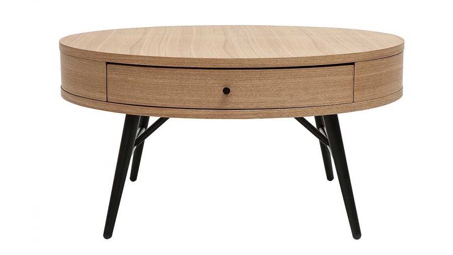 Table Miliboo | Table Basse Ronde Avec Tiroir Bois Clair Et M Tal Noir D82 Cm Koral