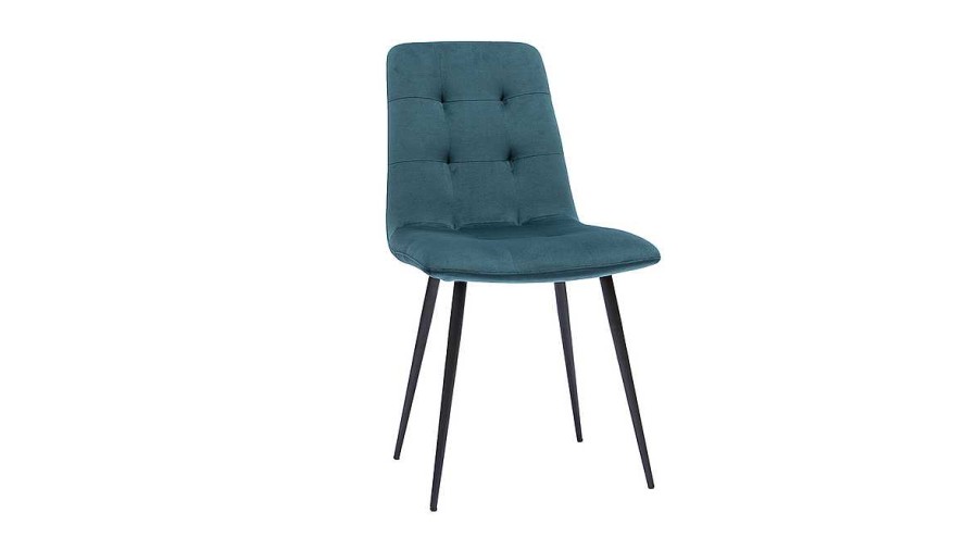 Chaise & Tabouret Miliboo Chaise Design | Chaises En Tissu Velours Gaufr Bleu Canard Et M Tal Noir (Lot De 2) Escape