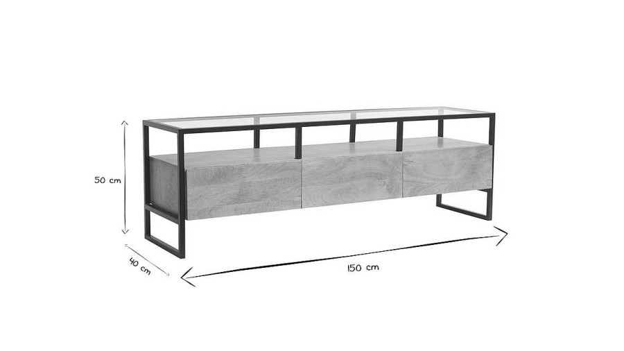 Rangement Miliboo Meuble Tv Design | Meuble Tv Rectangulaire Avec Rangements En Bois Manguier Massif, Verre Et M Tal Noir L150 Cm Diya