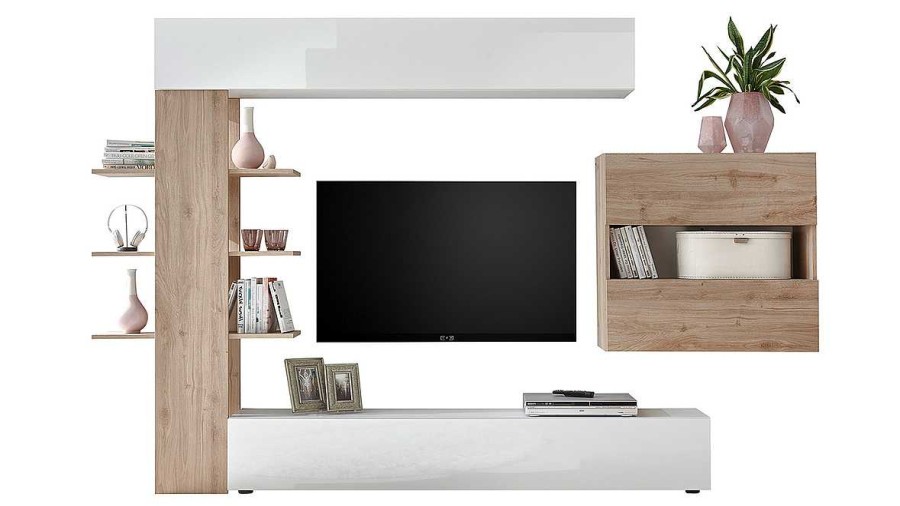 Rangement Miliboo Meuble Tv Design | Composition Tv Murale Bois Clair Et Blanc L184 Cm Eternel