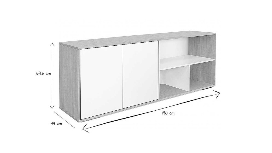 Bureau Miliboo | Buffet Bas Scandinave Blanc Et Bois Clair Ch Ne Massif L190 Cm Ezia