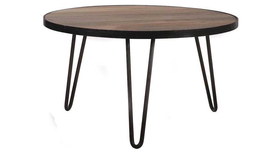 Table Miliboo | Table Basse Ronde Industrielle Bois Manguier Massif Et M Tal Noir L80 Cm Atelier