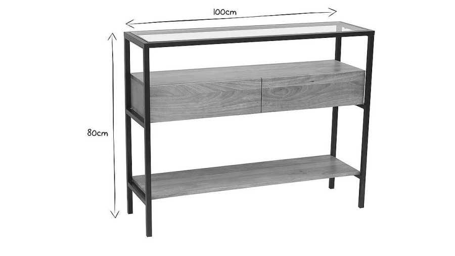 Table Miliboo | Console En Bois Manguier Massif Et Plateau En Verre 2 Tiroirs L100 Cm Sita