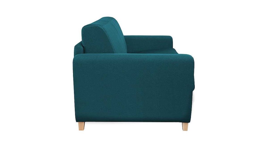 Canap & Fauteuil Miliboo Canap Convertible | Canap Convertible 3 Places En Tissu Bleu Canard Et Bois Clair Avec Matelas L140 Cm 12 Cm Graham