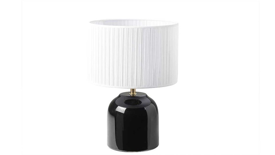 Luminaire Miliboo | Lampe Poser Noire En C Ramique Brillante Et Abat-Jour En Tissu Pliss Blanc H35 Cm Piega