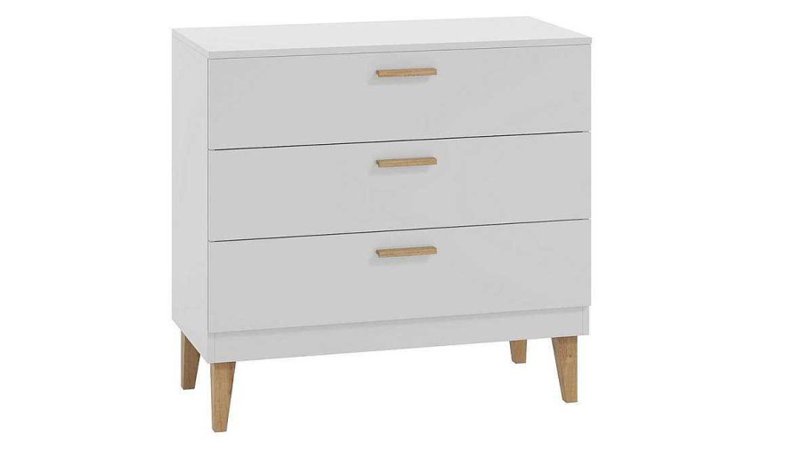 Rangement Miliboo | Commode Blanc Mat Et Bois Clair 3 Tiroirs L90 Cm Elias