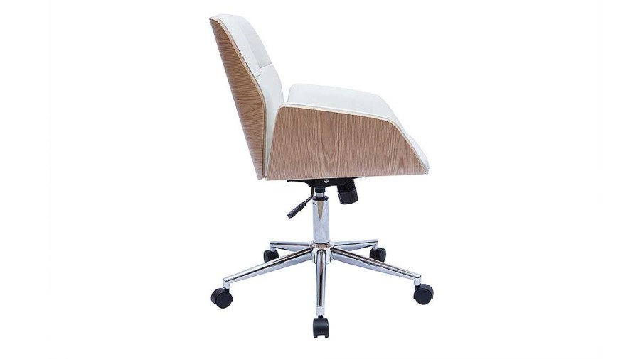 Chaise & Tabouret Miliboo | Chaise De Bureau Roulettes Design Blanc, Bois Clair Et Acier Chrom Marlow