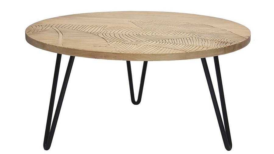 Table Miliboo | Table Basse Ronde Grav E Bois Manguier Massif Et M Tal Noir D80 Cm Vibes