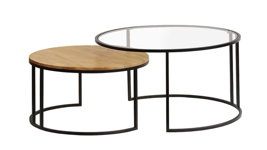 Table Miliboo | Tables Basses Gigognes Rondes Verre Tremp , Bois Manguier Massif Et M Tal Noir (Lot De 2) Tahl