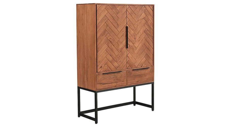 Rangement Miliboo | Buffet Haut Motifs Chevrons En Bois Massif Et M Tal Noir 2 Portes 2 Tiroirs Stick