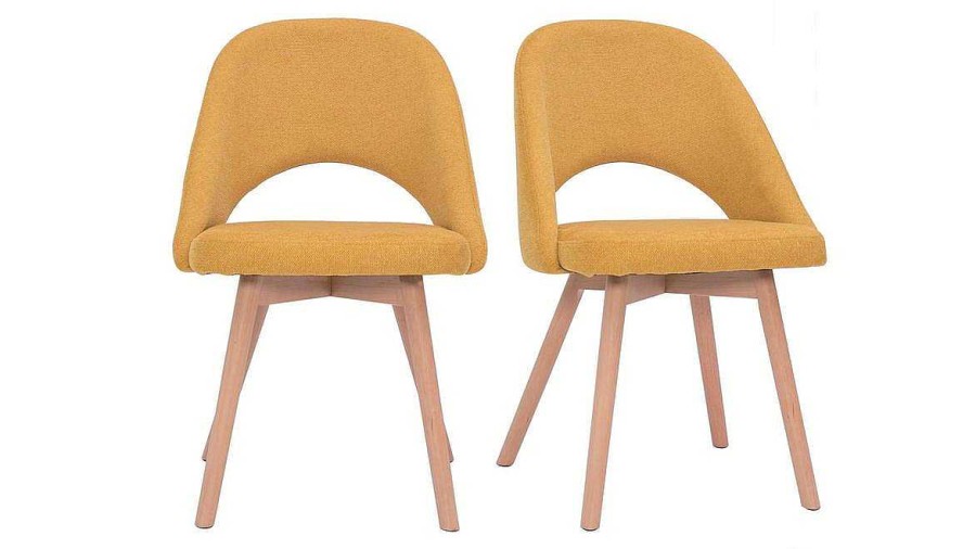 Chaise & Tabouret Miliboo Chaise Design | Chaises Scandinaves En Tissu Effet Velours Textur Jaune Moutarde Et Bois Clair (Lot De 2) Cosette