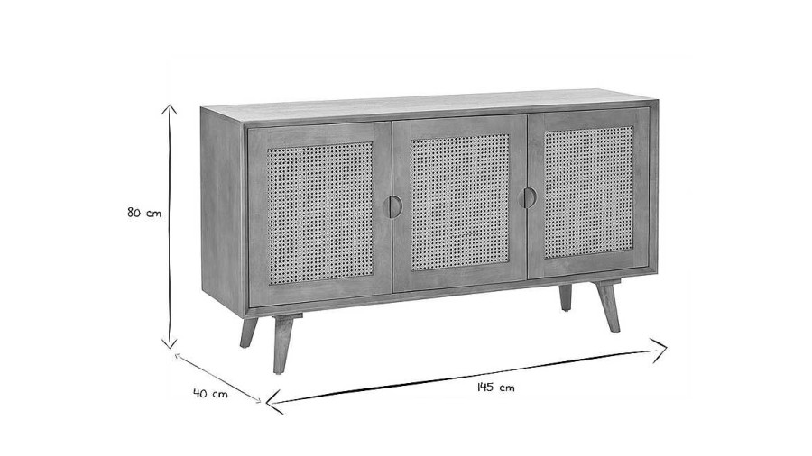 Rangement Miliboo | Buffet En Bois Manguier Et Cannage Rotin 3 Portes L145 Cm Laka