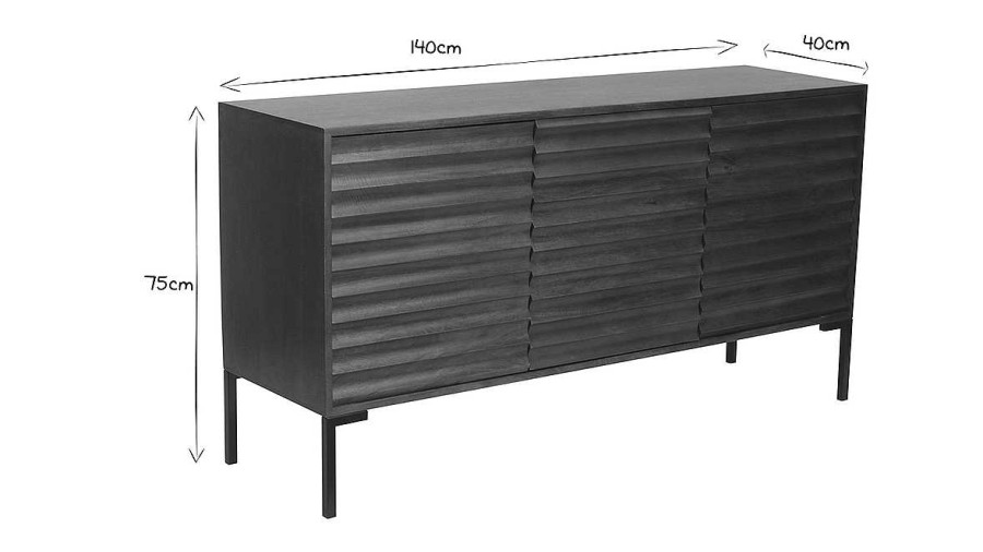 Rangement Miliboo | Buffet En Bois Fonc Manguier Massif Et M Tal Noir 3 Portes L140 Cm Onda