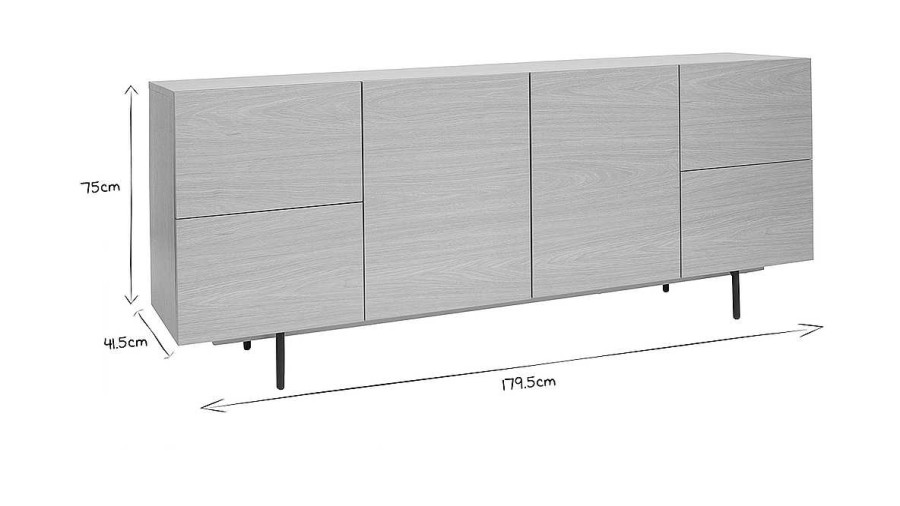 Rangement Miliboo | Buffet Design Finition Bois Clair Ch Ne Et M Tal Noir 2 Portes 4 Tiroirs L180 Cm Alaska