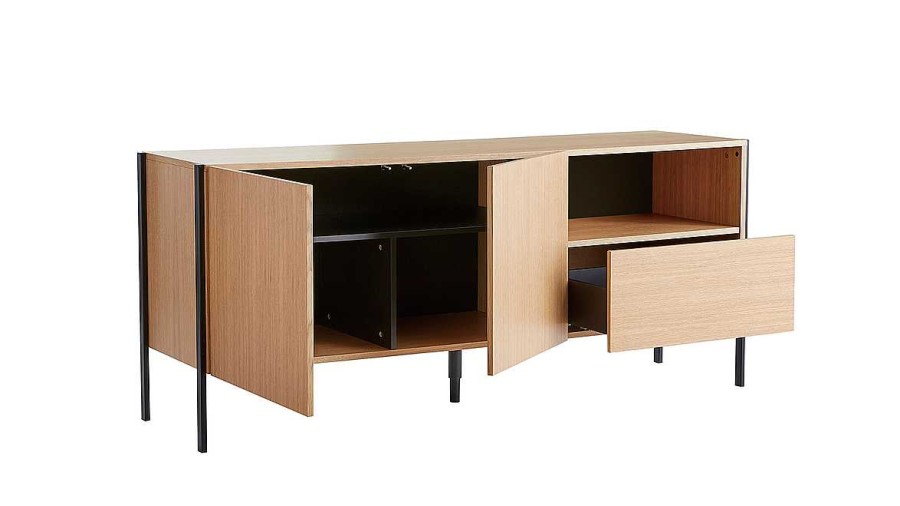 Rangement Miliboo | Buffet Design En Bois Clair Ch Ne Et M Tal Noir 2 Portes 1 Tiroir L175 Cm Heda