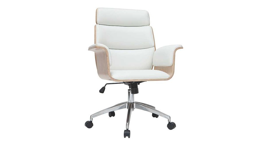 Chaise & Tabouret Miliboo | Fauteuil De Bureau Roulettes Design Blanc, Bois Clair Et Acier Chrom Elon