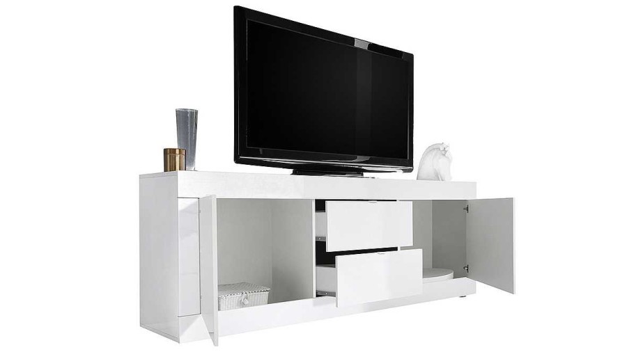 Rangement Miliboo | Buffet Design Blanc Laqu Brillant Avec Tiroirs L210 Cm Latte