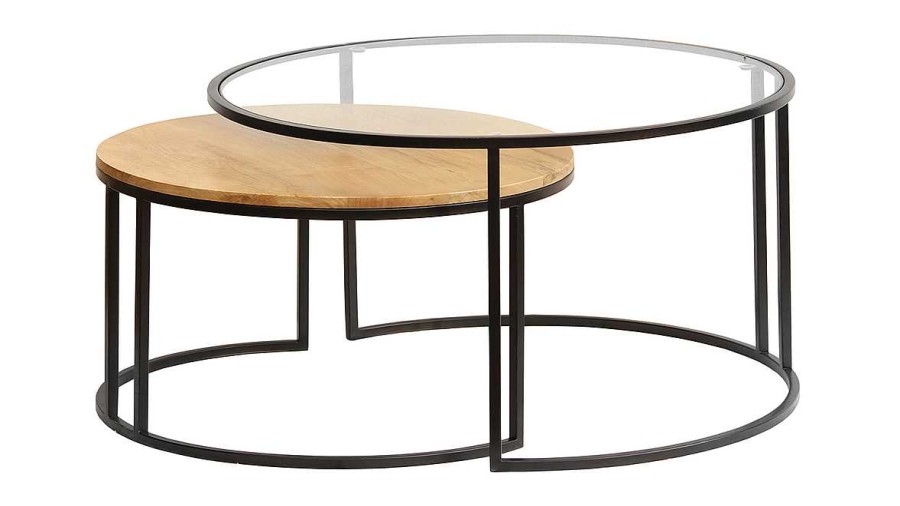 Table Miliboo | Tables Basses Gigognes Rondes Verre Tremp , Bois Manguier Massif Et M Tal Noir (Lot De 2) Tahl