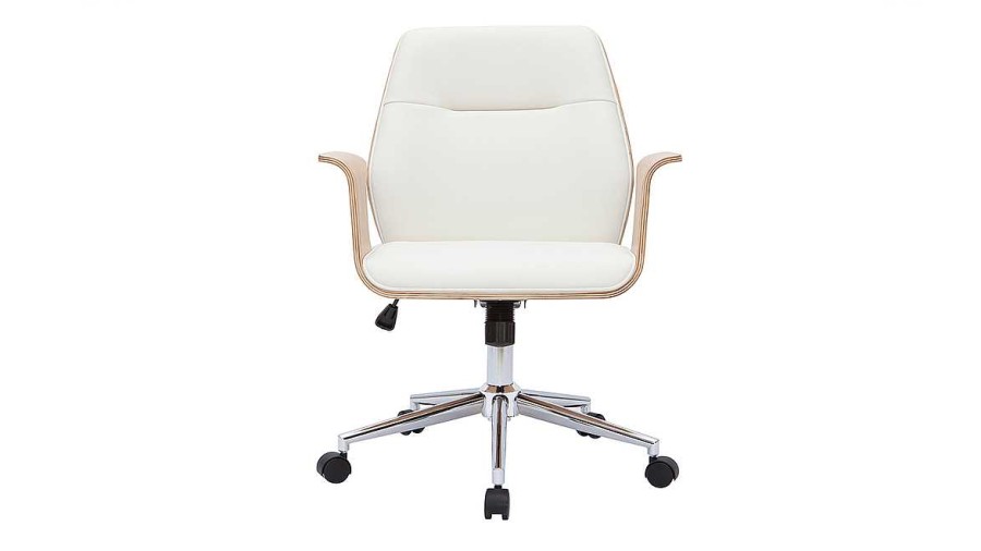 Chaise & Tabouret Miliboo | Chaise De Bureau Roulettes Design Blanc, Bois Clair Et Acier Chrom Rufin