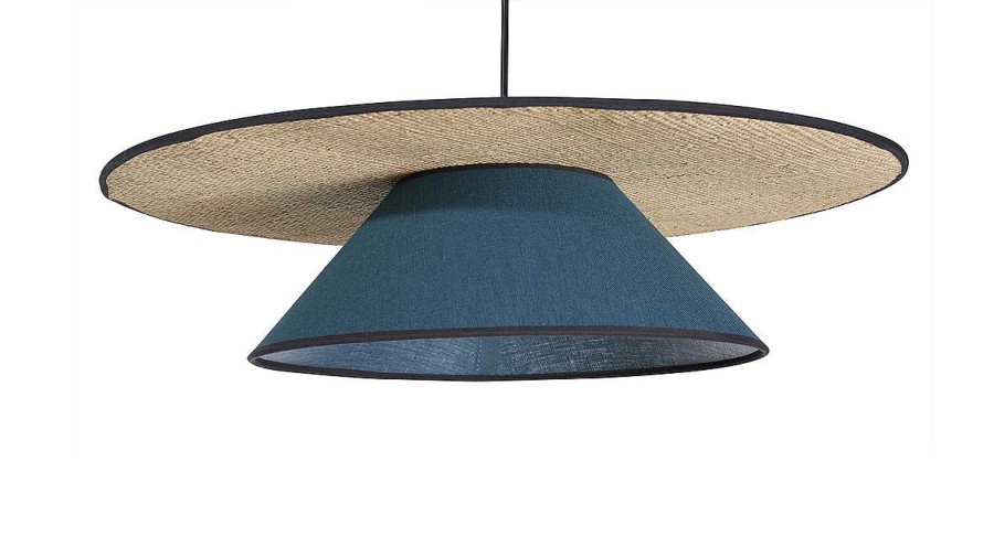 Luminaire Miliboo | Suspension En Lin Bleu Paon Et Rabane Naturelle D55 Cm Azami