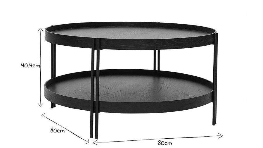 Table Miliboo | Table Basse Ronde Design Bois Noir Et M Tal Noir D80 Cm Twice