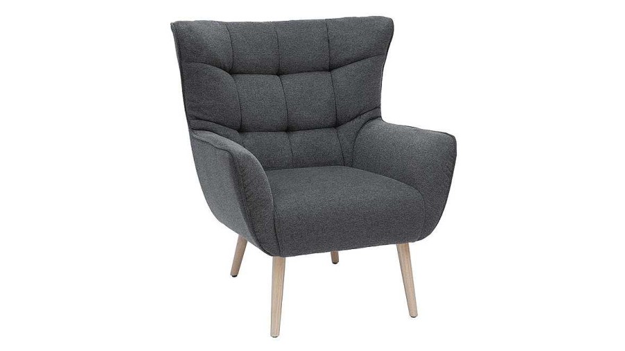 Canap & Fauteuil Miliboo Fauteuil Design | Fauteuil Scandinave En Tissu Effet Velours Textur Gris Fonc Et Bois Clair Avery