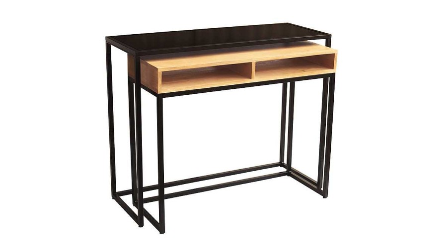 Table Miliboo | Console Bureau D'Appoint Avec Rangements Casiers En Bois Manguier Massif Et M Tal Noir L100 Cm Ypka