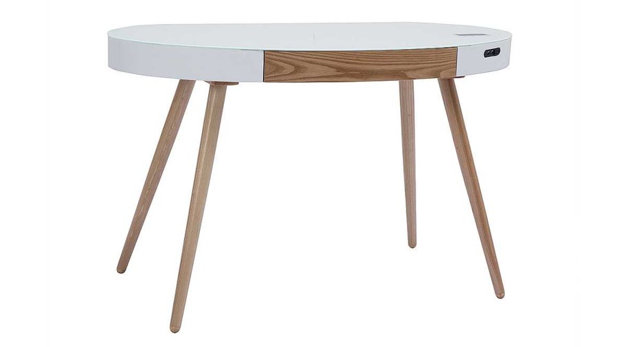 Bureau Miliboo Bureau Design | Bureau Connect Multim Dia Verre Blanc Et Bois Clair L120 Cm Handy