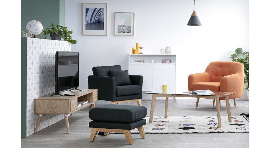 Canap & Fauteuil Miliboo | Pouf Repose-Pieds D Houssable Scandinave En Tissu Effet Velours Jaune Moutarde Et Bois Clair Oslo