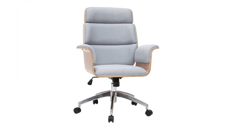 Chaise & Tabouret Miliboo | Fauteuil De Bureau Roulettes Design En Tissu Gris Clair, Bois Clair Et Achier Chrom Elon