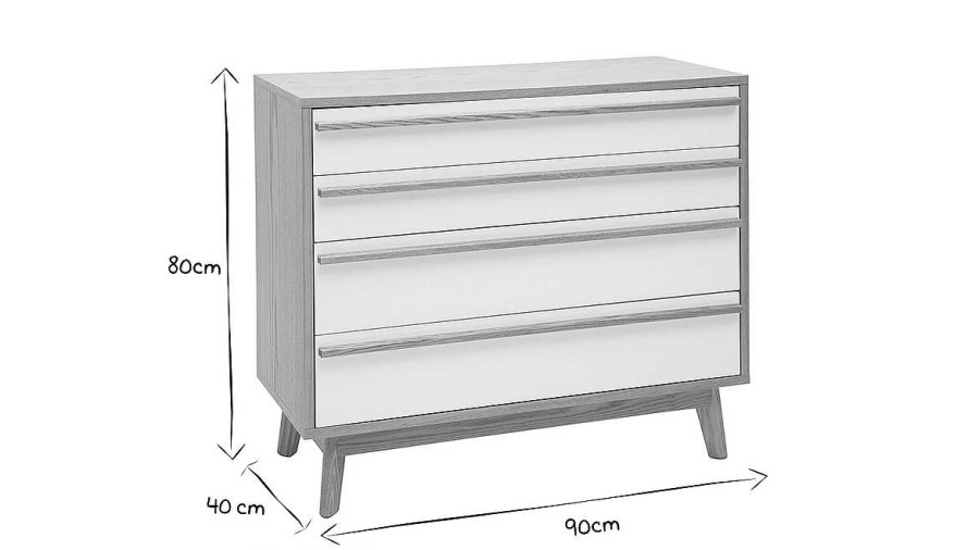 Rangement Miliboo | Commode Scandinave Blanc Mat Et Bois 4 Tiroirs L90 Cm Helia