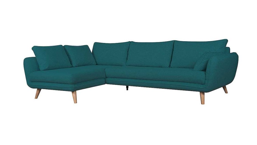 Canap & Fauteuil Miliboo Canap D'Angle | Canap D'Angle Gauche Scandinave 5 Places En Tissu Bleu Paon Et Bois Clair Creep