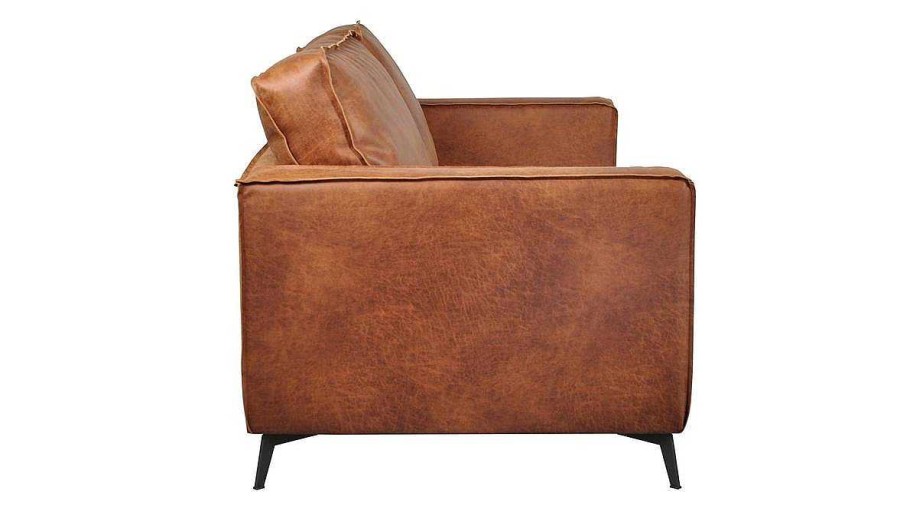 Canap & Fauteuil Miliboo Canap Cuir | Canap Vintage 3 Places Cuir Marron Cognac Aspect Vieilli Et M Tal Noir Sonny