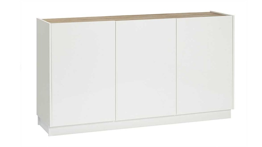 Rangement Miliboo | Buffet Design Blanc Laqu Brillant Et Bois Clair 3 Portes L155 Cm Nelio