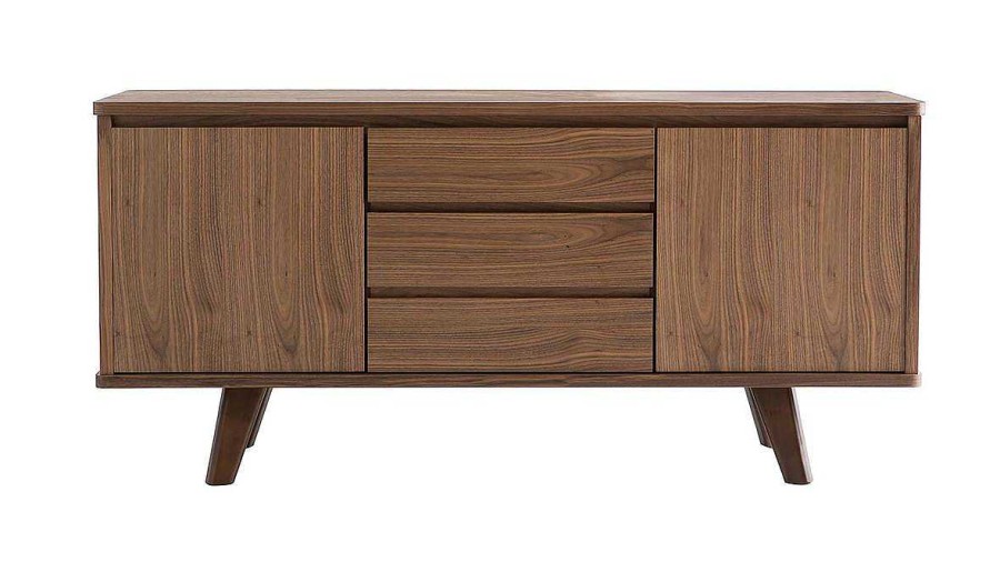 Rangement Miliboo | Buffet Vintage En Bois Noyer 2 Portes 3 Tiroirs L160 Cm Fifties