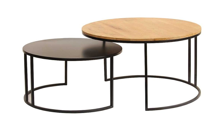 Table Miliboo | Tables Basses Gigognes Rondes Bois Manguier Massif Et M Tal Noir (Lot De 2) Tahl