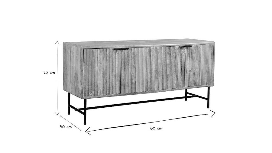 Rangement Miliboo | Buffet En Bois Manguier Massif Grav Et M Tal Noir 4 Portes L160 Cm Morisson