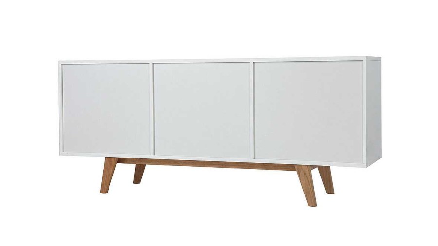 Rangement Miliboo | Buffet Scandinave Blanc Brillant Et Finition Bois Clair 2 Portes 2 Tiroirs L160Cm Melka