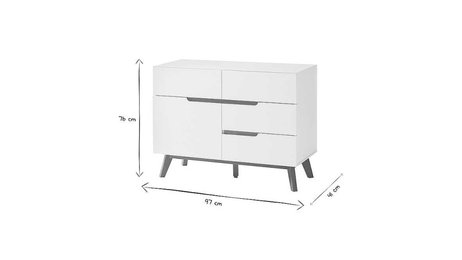 Rangement Miliboo | Buffet Scandinave Blanc Mat Et Bois Clair 1 Porte 4 Tiroirs L97 Cm Skive