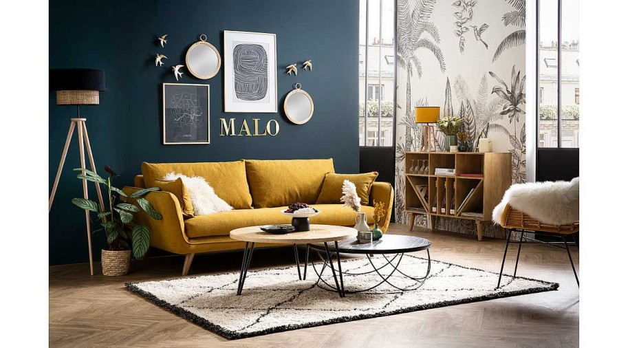 Canap & Fauteuil Miliboo Canap Design | Canap Scandinave 3 Places En Tissu Jaune Cumin Et Bois Clair Creep