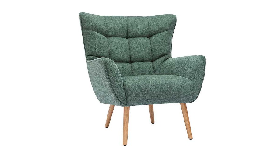 Canap & Fauteuil Miliboo Fauteuil Design | Fauteuil Scandinave Tissu Effet Velours Textur Vert Fonc Et Bois Clair Avery