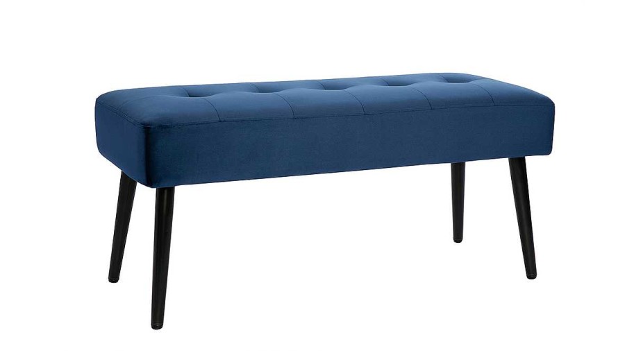 Rangement Miliboo | Banc Design Capitonn En Tissu Velours Bleu Nuit Et M Tal Noir L95 Cm Guesta