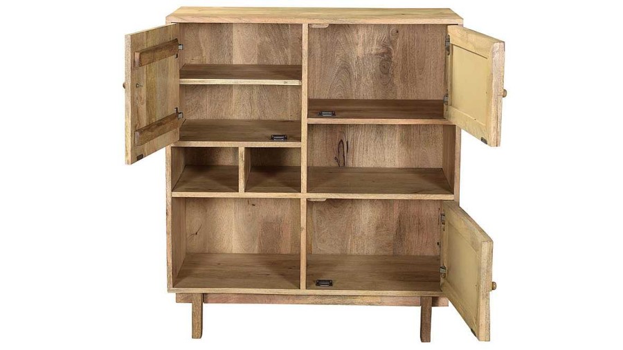 Rangement Miliboo | Buffet Haut Design En Bois Manguier Massif Et Laiton Dor 3 Portes L90 Cm Zaika