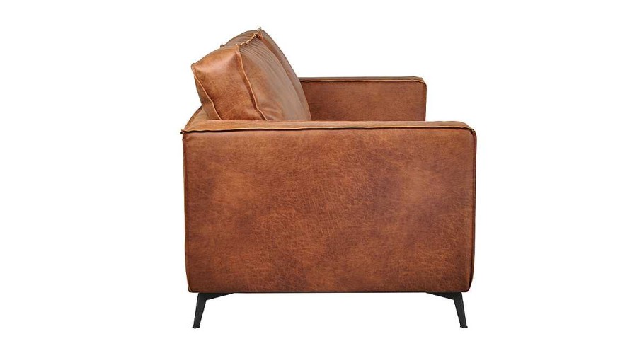 Canap & Fauteuil Miliboo Canap Cuir | Canap Vintage 2-3 Places Cuir Marron Cognac Aspect Vieilli Et M Tal Noir Sonny