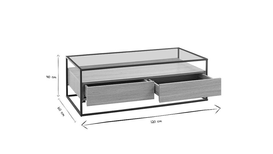 Table Miliboo | Table Basse Rectangulaire 2 Tiroirs Verre Tremp , Bois Clair Finition Ch Ne Et M Tal Noir Finn