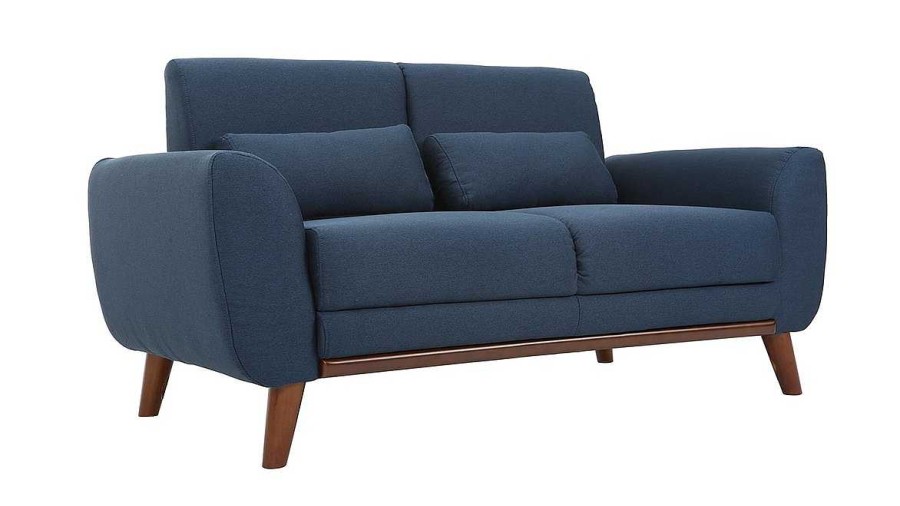 Canap & Fauteuil Miliboo Canap Design | Canap 2 Places En Tissu Bleu Fonc Et Bois Fonc Ektor