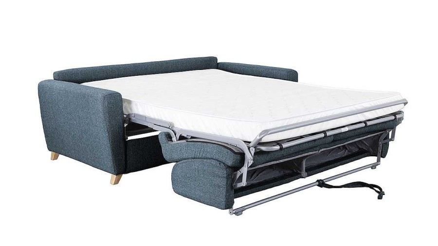 Canap & Fauteuil Miliboo Canap Convertible | Canap Convertible 3 Places En Tissu Bleu Et Bois Clair Avec Matelas L140 Cm 12 Cm Graham